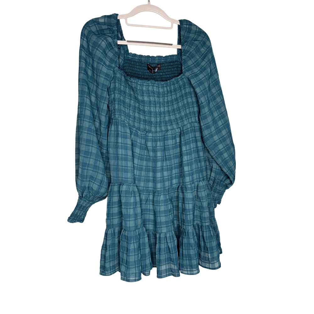 NWT Urban Outfitters Teal Blue Plaid Smocked Mini Dress Long Sleeve Babydoll Med